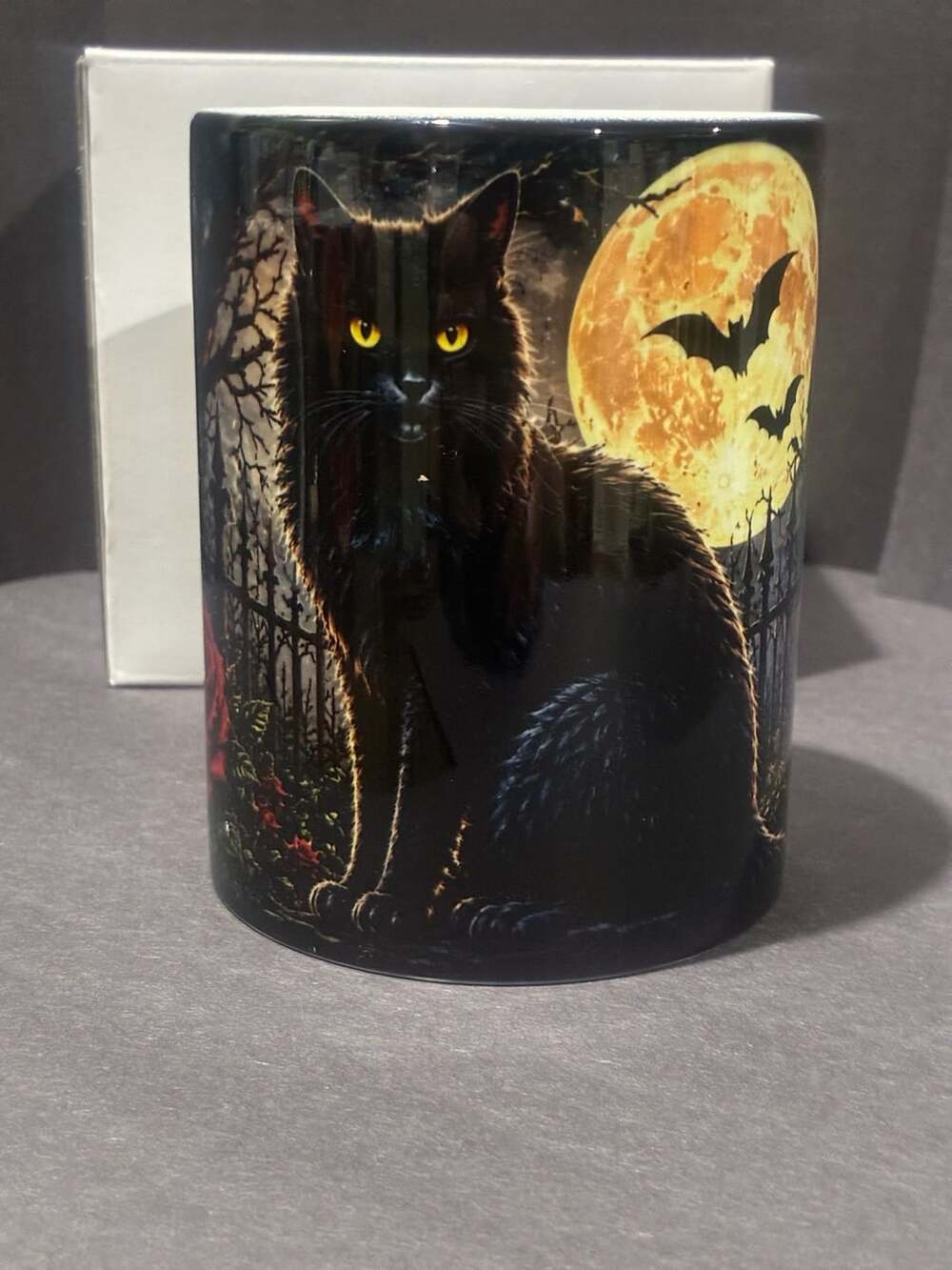 Spooky Halloween Black Cat Moon and Roses Ceramic Mug